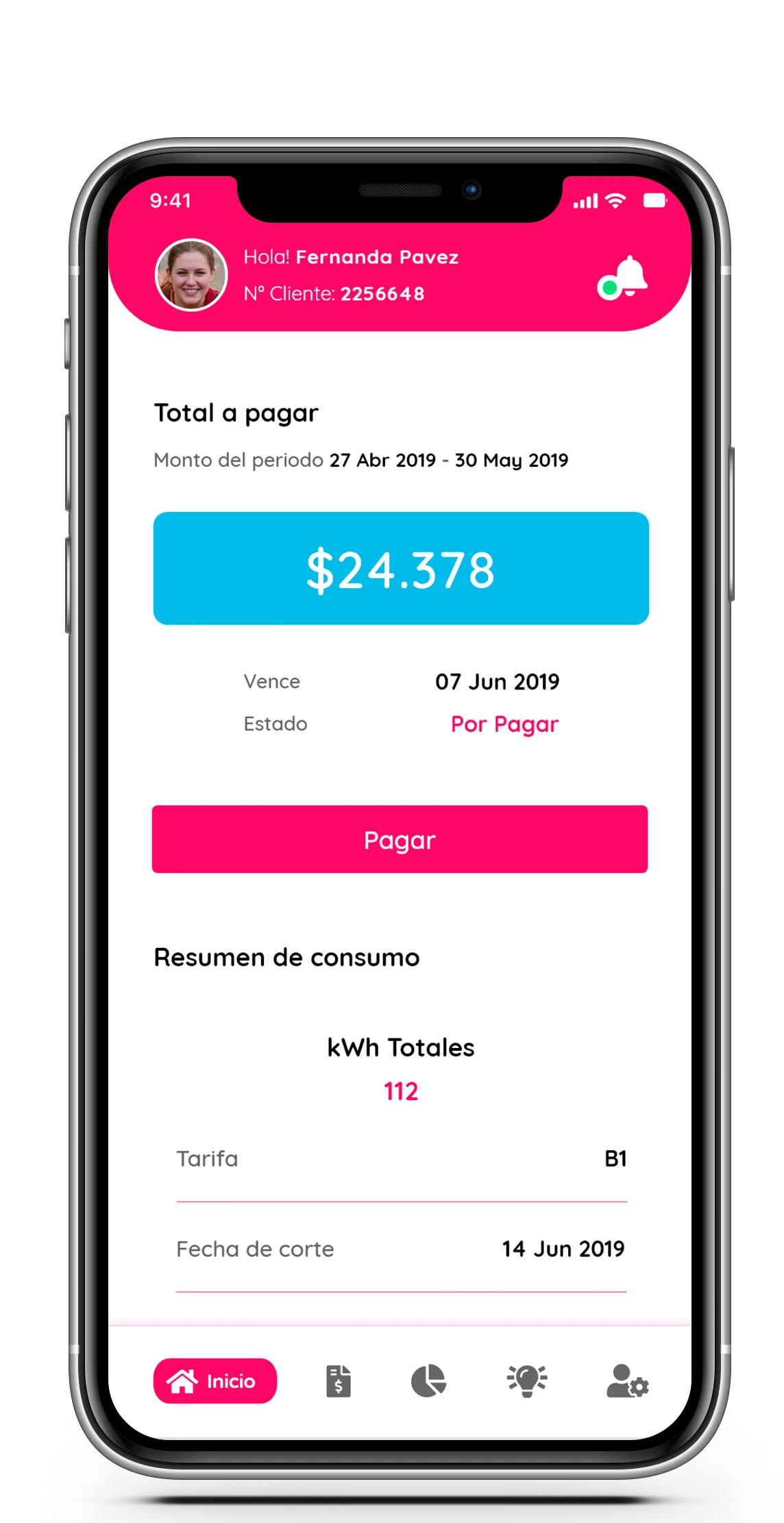 Enel App. Pantalla Principal.